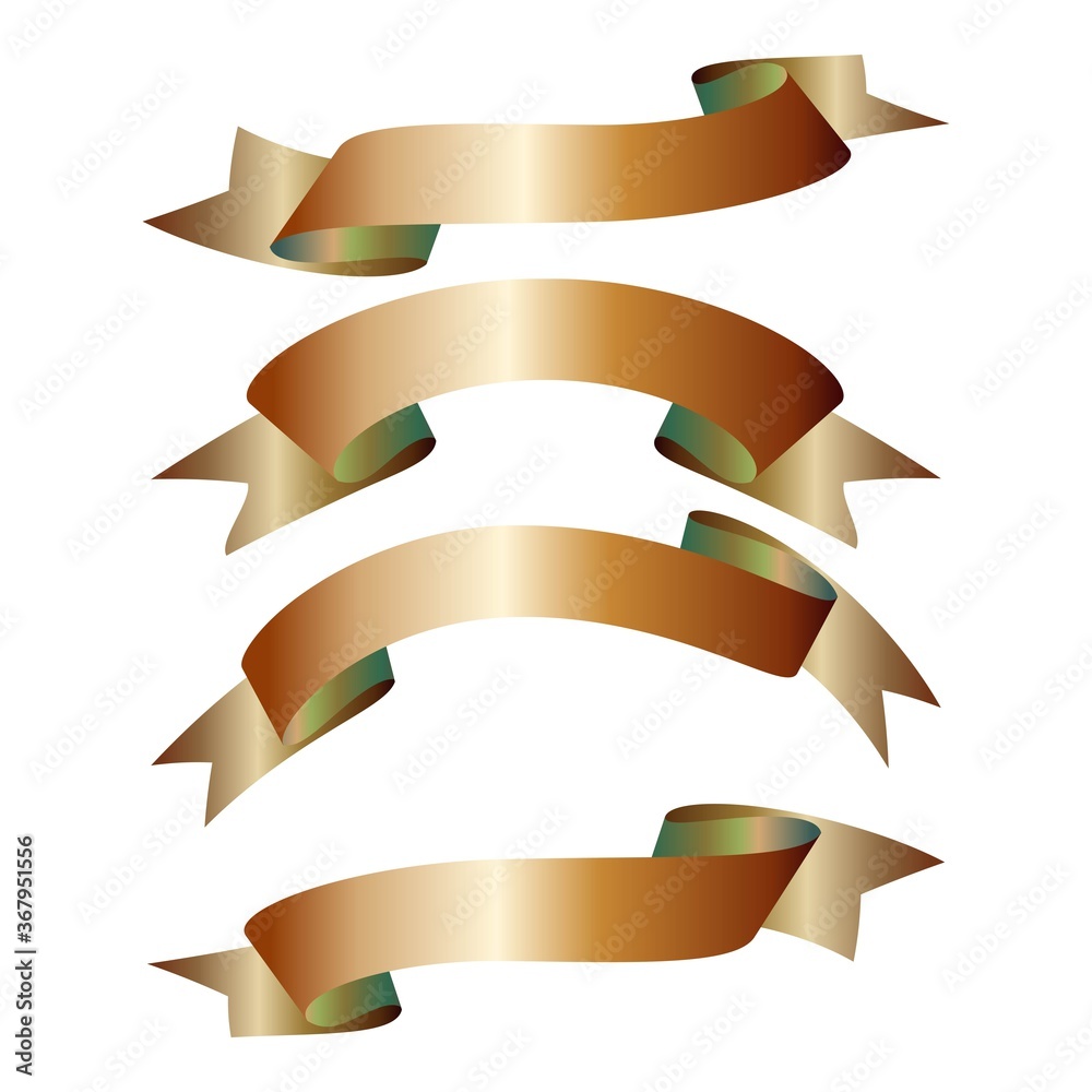 Trendy Realistic Gold Vector Ribbons Set , banner, with green shade and arc curved variety style, detailing for your design poster and award winning project