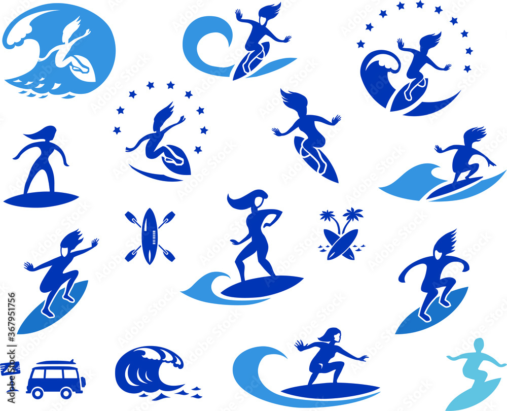 Set of Surfers Drawing Silhouettes, Surfing Sport Symbols, Waves, Water Set of Surfers Drawing Silhouettes, Surfing Sport Symbols, Waves, Water