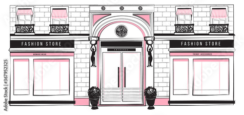 Vector shopfront detailed pink, black and white graphic illustration. Design vintage boutique facade. Modern fashion shop exterior with arch entrance, balcony, brick wall