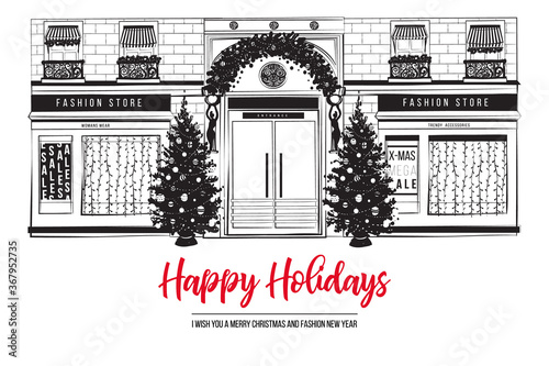 Christmas fashion boutique facade with holidays decoration. Happy new year celebration greeting card background. City street with shop window and christmas trees. Black and white vector illustration.