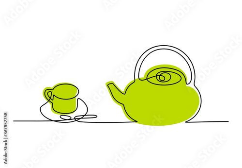 One line teapot with cup and plate. Hand drawn colorful art breakfast theme with linear tea set for logo and posters. Simple sketch design. Vector illustration