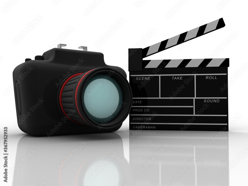 Fototapeta premium 3d rendering Digital single-lens reflex camera with clapboard