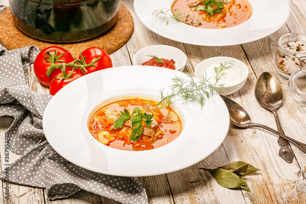 Traditional Ukrainian or Russian cuisine. Plate of soup with cabbage, beef, fresh tomatoes and herbs on a light wooden background.