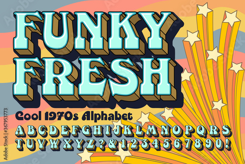 A Funky and Fresh Alphabet Font Design in the Style of Groovy 1970s Lettering; Background Contains Shooting Stars in a Cartoon Style. photo