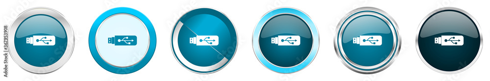 Usb silver metallic chrome border icons in 6 options, set of web blue round buttons isolated on white background Usb silver metallic chrome border icons in 6 options, set of web blue round buttons isolated on white background