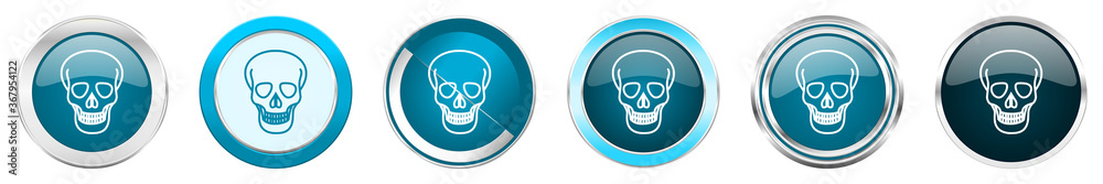 Skull silver metallic chrome border icons in 6 options, set of web blue round buttons isolated on white background Skull silver metallic chrome border icons in 6 options, set of web blue round buttons isolated on white background
