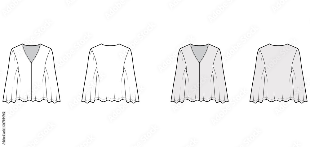 Gypsy style blouse technical fashion illustration with baby doll body, deep V-neck, long circle sleeves tunic. Flat shirt apparel template front back white grey color. Women, men unisex top CAD mockup