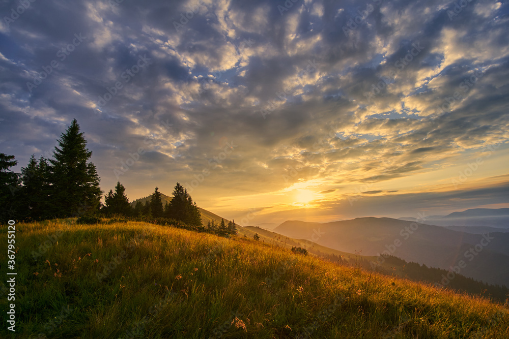 Beautiful Sunrise. Summer landscape in the mountains.