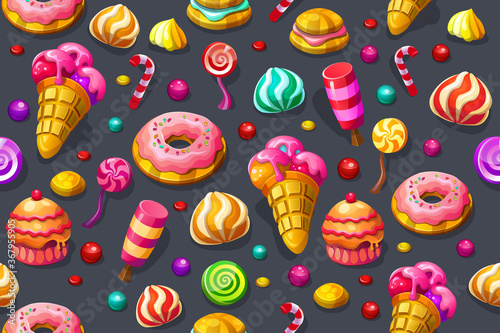 Seamless vector pattern "Set of candy". Lollipops, cakes, ice cream, caramel and marmalade. Vector illustration.