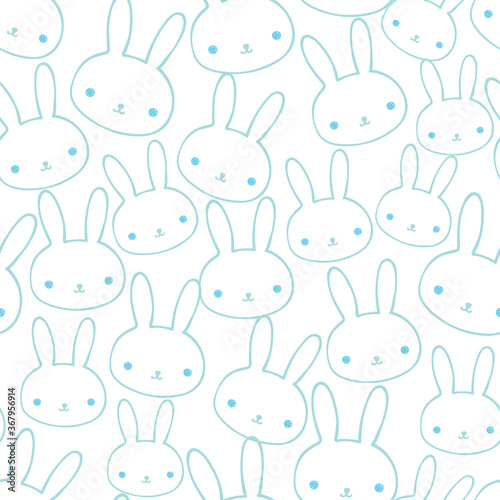 Cute blue bunnies and line art rabbits seamless pattern on white background. Great for kids fabric, textile, nursery decoration, card, scrapbooking. Surface pattern design.