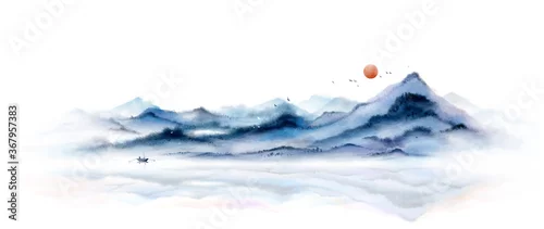 Obraz Malarstwo pejzażowe z kropkami tuszu, orientalne malarstwo tuszem, malarstwo pejzażowe w stylu chińskim