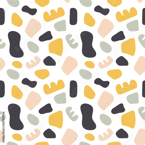 Abstract shapes in seamless pattern in minimal style.Cute soft art endless background fashionable for stationery, printed posters,to-do lists, surface patterns, diaries, stickers.Raster