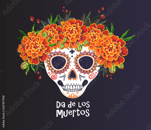Vector sugar skull with marigold flowers wreath illustration in watercolor style. Dia de los muertos day. Halloween poster background, greeting card or t-shirt design on white backdrop