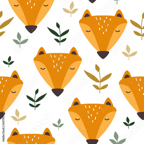 Muzzle of foxes, hand drawn backdrop. Colorful seamless pattern with muzzles of animals, leaves. Cute wallpaper, good for printing. Overlapping background vector. Design illustration