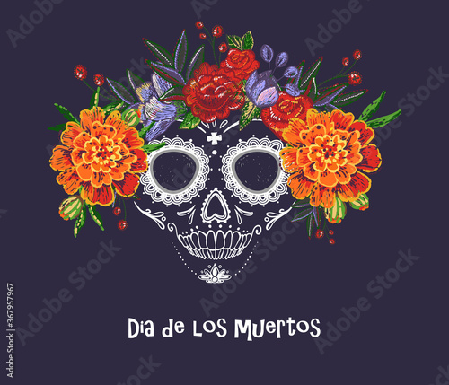 Vector sugar skull with marigold and roses embroidery flowers illustration in watercolor style. Dia de los muertos day. Halloween poster background, greeting card or t-shirt design on dark backdrop