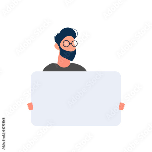 The guy with the glasses. Blank poster with place for text. Young male holding a clean banner isolated on a white background. The teenage guy shows the poster. Vector.