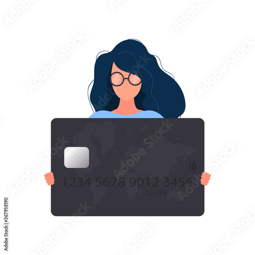 A woman with glasses holds a black bank card. Young woman holding a plastic card for an ATM machine isolated on a white background. Vector.