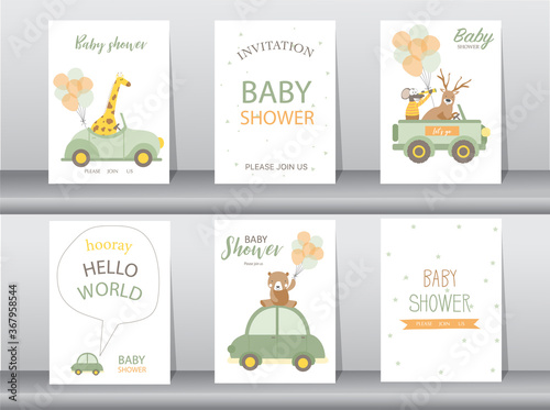 Set of baby shower invitations cards,poster,greeting,template,animal,Vector illustrations