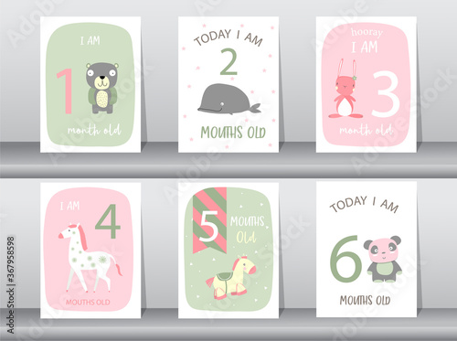 Cute baby month anniversary card,Milestone cards,Vector illustrations.