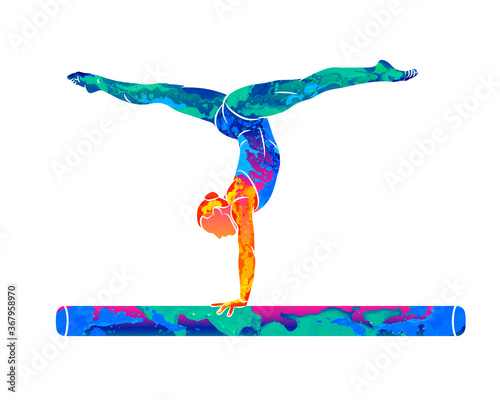 Abstract female athlete doing a complicated exciting trick on gymnastics balance beam from splash of watercolors. Vector illustration of paints