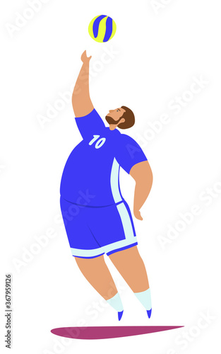 Volleyball flat vector illustration. A guy, a man in a sports uniform, heats up the ball at competitions, training, and playing. Championship, Sports types concept. Outdoor play on the beach.