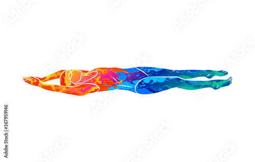 Abstract young woman is swimming on her back from splash of watercolors. Vector illustration of paints. Backstroke