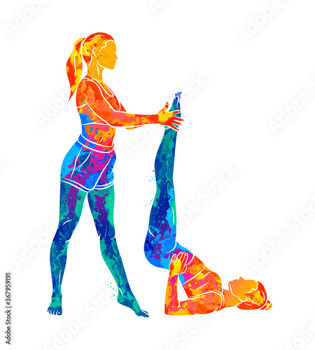 Abstract trainer helps a young woman to do yoga or Pilates, does exercises from splash of watercolors. Vector illustration of paints