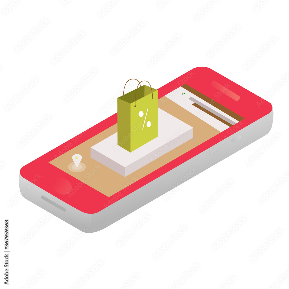 Modern 3D phone icon with purchases. Online shopping in the store. Vector illustration. Modern 3D phone icon with purchases. Online shopping in the store. Vector illustration.