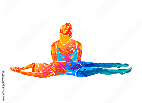 Abstract little girl learning to swim with coach from splash of watercolors. Vector illustration of paints. Kids Swimming