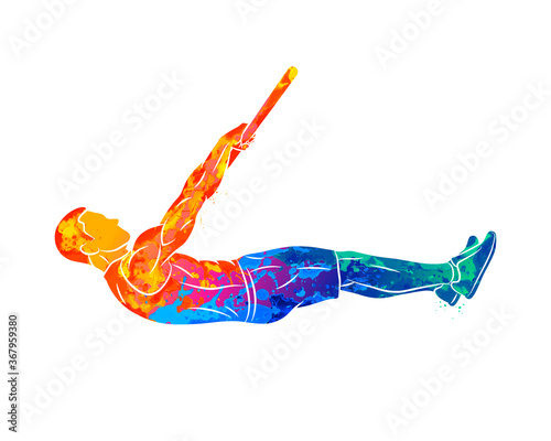 Abstract young man doing abdominal exercise on horizontal bar from splash of watercolors. Functional training with own weight. Street workout training. Calisthenics workout. Vector illustration