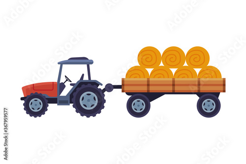 Tractor with Hay Bales in Cart Agricultural Machinery Cartoon Vector Illustration on White Background