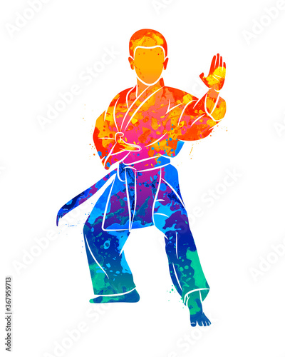 Abstract young boy in kimono training karate from splash of watercolors. Vector illustration of paints photo