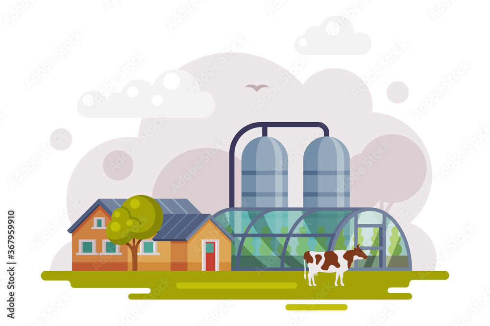 Farm Scene with Country House, Greenhouse and Silo Storehouse, Summer Rural Landscape, Agriculture and Farming Concept Cartoon Vector Illustration