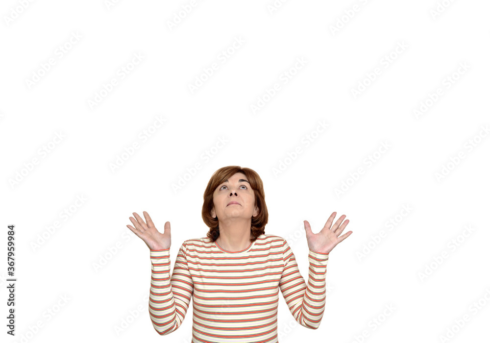 Smiling woman with open palms for copy space looking up. Isolated on the white background. Advertisement gesture. Suitable for various types of advertising. Smiling woman with open palms for copy space looking up. Isolated on the white background. Advertisement gesture. Suitable for various types of advertising.