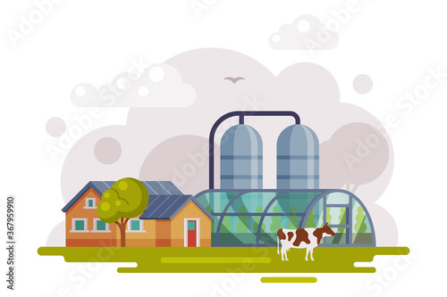 Fototapeta Naklejka Na Ścianę i Meble -  Farm Scene with Country House, Greenhouse and Silo Storehouse, Summer Rural Landscape, Agriculture and Farming Concept Cartoon Vector Illustration