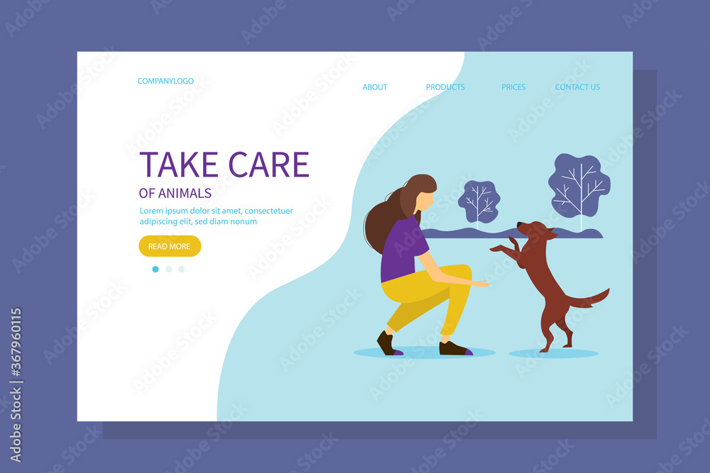 Woman playing with a dog. The concept care of animals, protection of animals. Cute vector illustration in flat style.