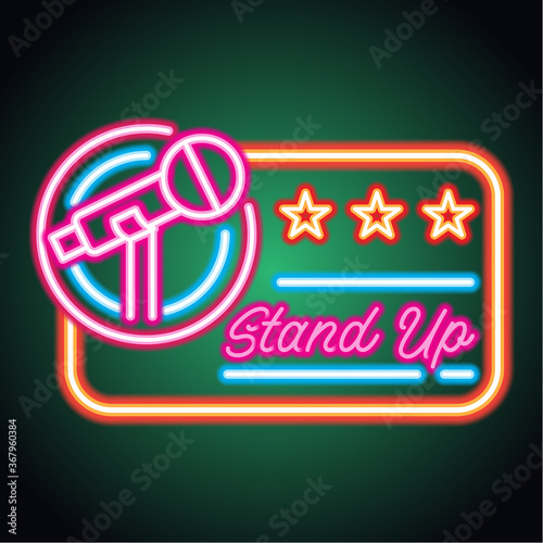 stand up neon sign for stand up comedy advertisement. vector illustration