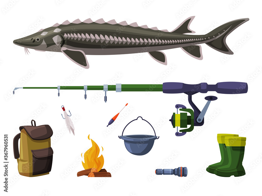 Fishing Equipment Set, Sterlet Freshwater Fish, Fishing Rod, Backpack,  Bucket, Bonfire, Rubber Boots Cartoon Vector Illustration Stock Vector