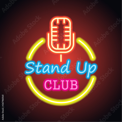 stand up neon sign for stand up comedy advertisement. vector illustration