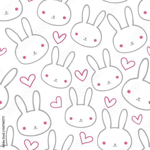 Cute grey bunnies and line art rabbits with red hearts seamless pattern on white background. Great for kids fabric  textile  nursery decoration  card  scrapbooking. Surface pattern design.