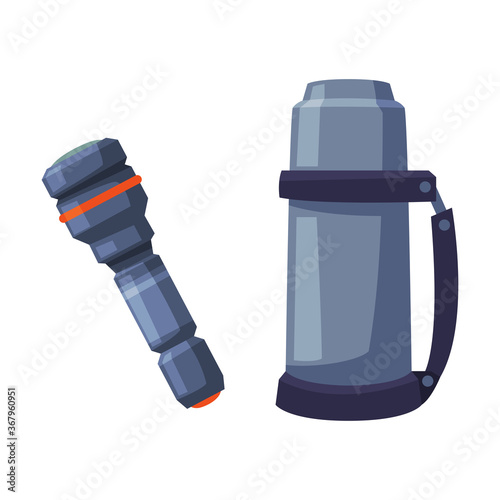 Thermos and Flashlight, Outdoor Activity Equipment Cartoon Vector Illustration