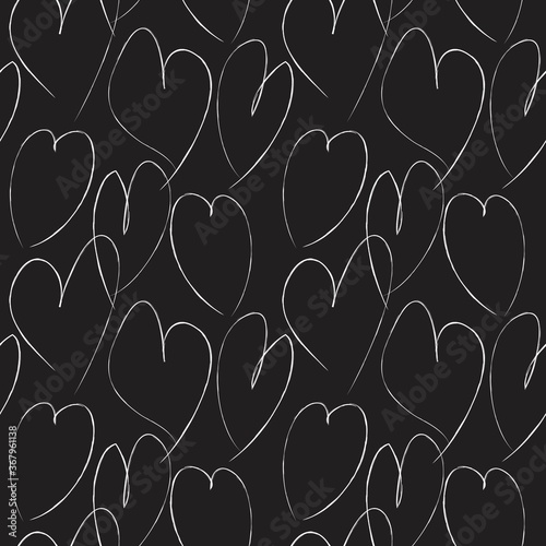 Black and white heart shaped brush stroke seamless pattern background