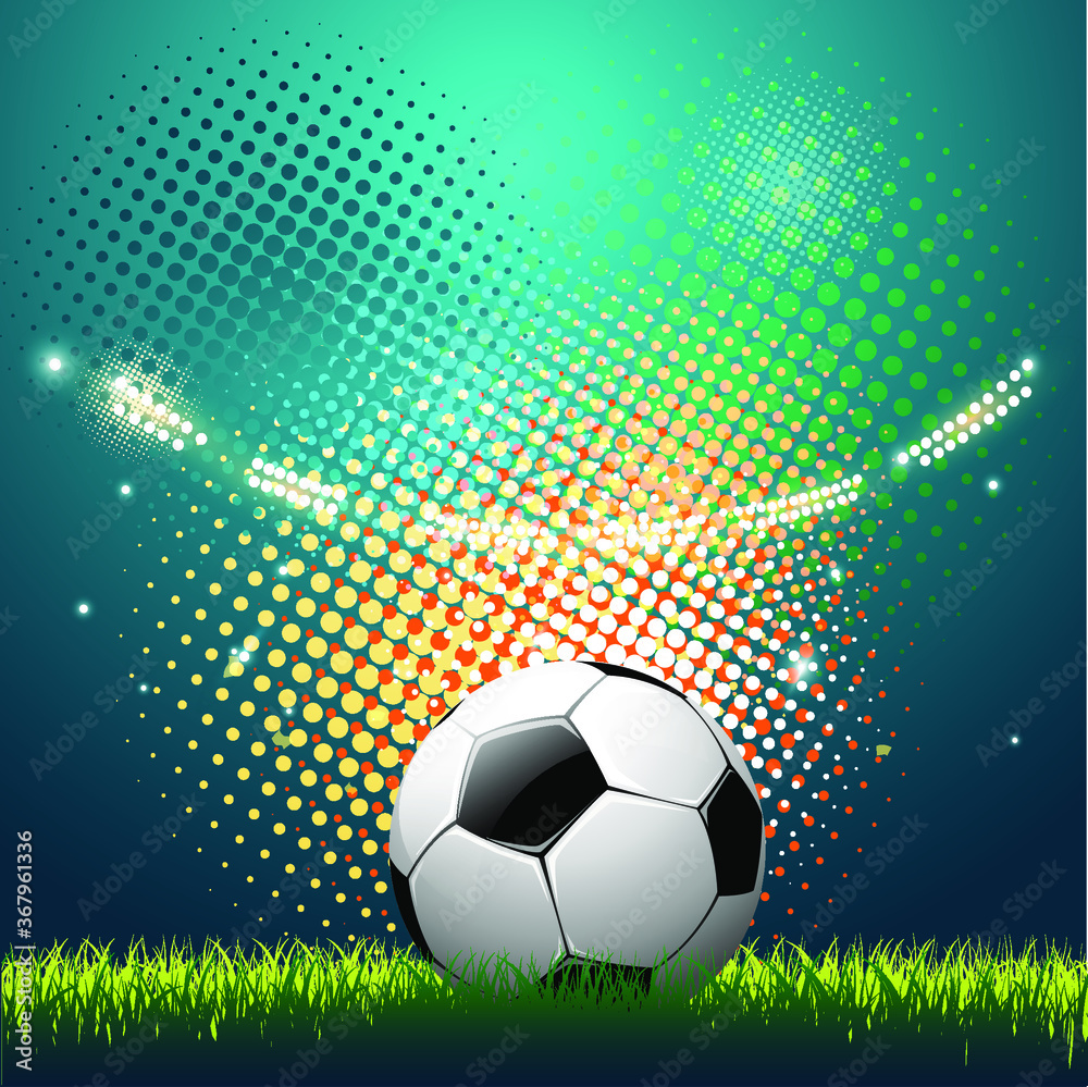 Naklejka premium Football tournament Soccer cup green field design of a stylish background for the soccer championship. vector realistic 3d ball.