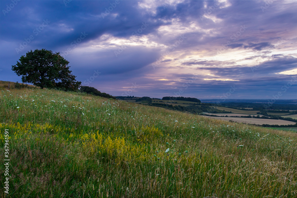 July sunset over the north wessex downs from Pilot Hill in Hampshire, south east England UK