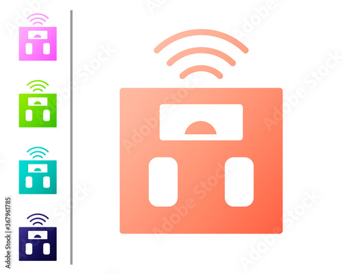 Coral Smart bathroom scales icon isolated on white background. Weight measure equipment. Internet of things concept with wireless connection. Set color icons. Vector.