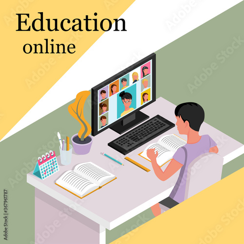 Pupil boy sitting in front of a computer at an online lesson. Teacher and classmates in the school online chat. Remote education. Vector isometric. E-learning landing page. Work desk with notebooks.