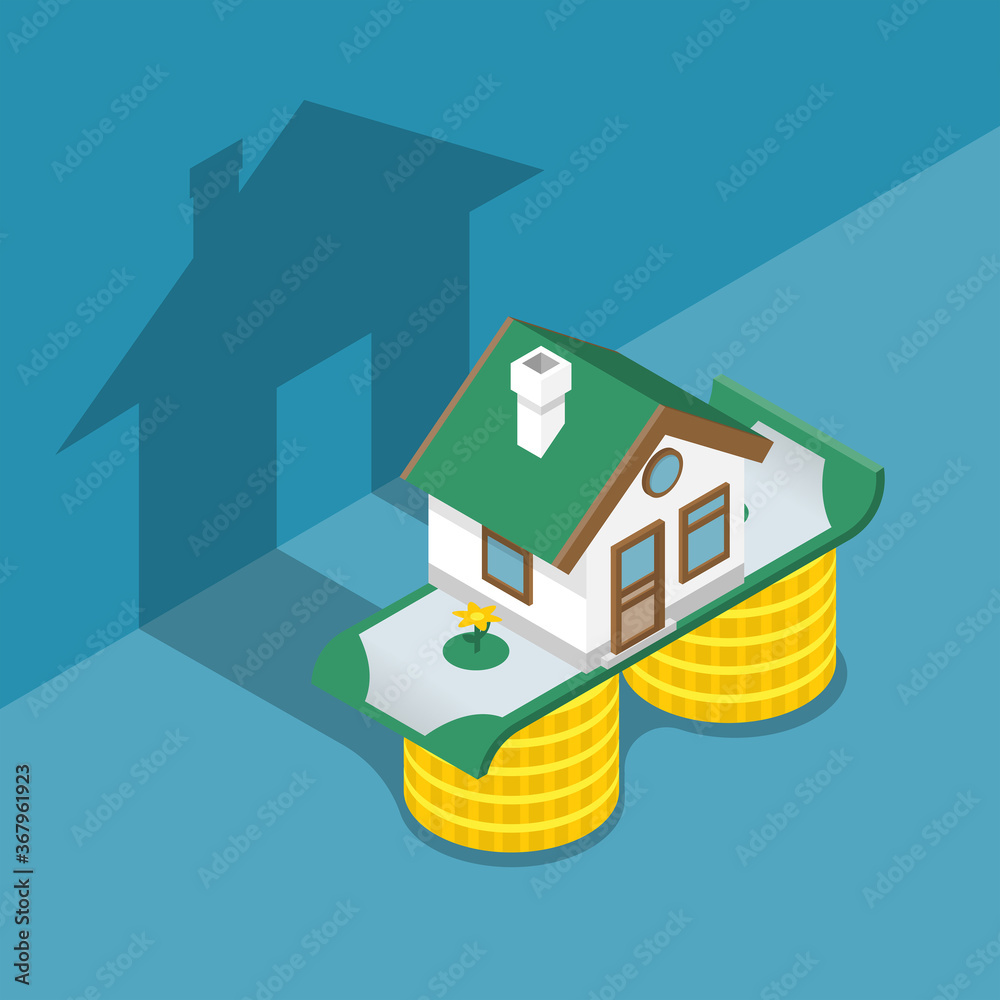 Investing money in a house. Home is on a stack of money and bills. Shadow on the wall. Vector illustration isometric 3D design. Isolated on background. - obrazy, fototapety, plakaty 