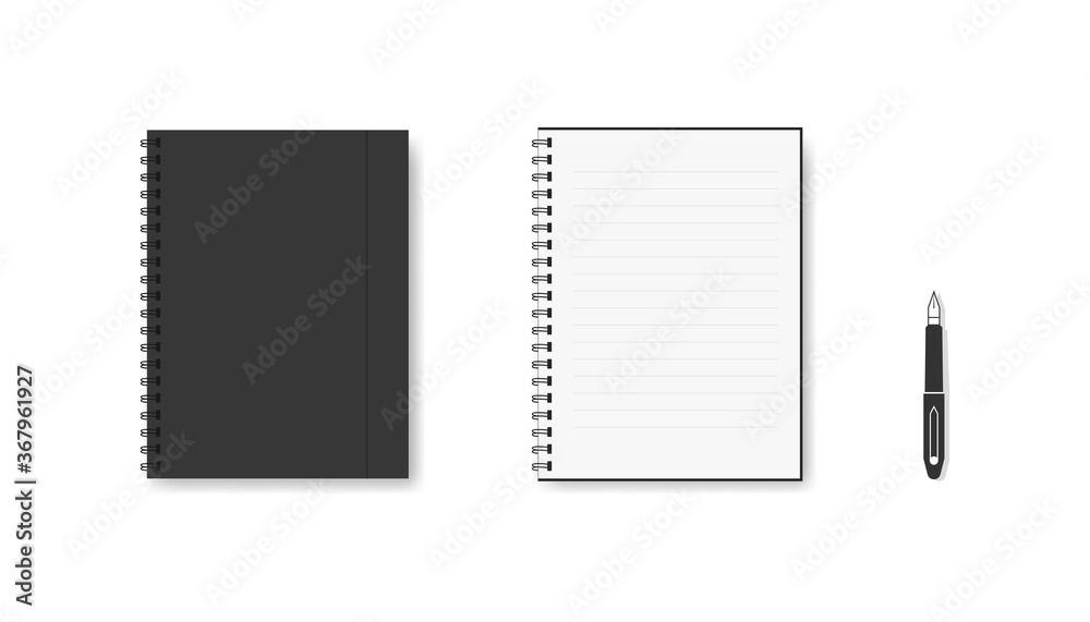 Realistic notebook with metal spiral. Isolated blank diary textbook. Open and closed template of organizer. Ink pen with white document template. Modern concept of notebook. EPS 10. Realistic notebook with metal spiral. Isolated blank diary textbook. Open and closed template of organizer. Ink pen with white document template. Modern concept of notebook. EPS 10.