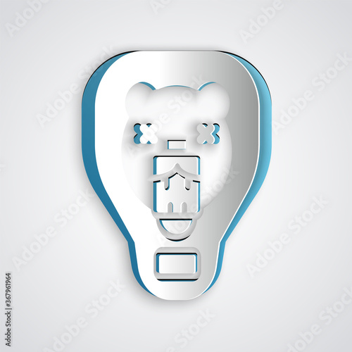 Paper cut Bear head on shield icon isolated on grey background. Hunting trophy on wall. Paper art style. Vector.