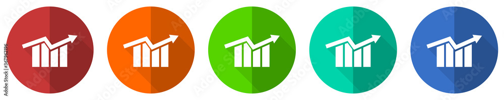 Graph icon set, arrow, growth, business, red, blue, green and orange flat design web buttons isolated on white background, vector illustration Graph icon set, arrow, growth, business, red, blue, green and orange flat design web buttons isolated on white background, vector illustration
